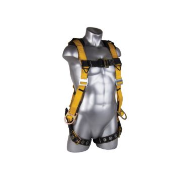 GUARDIAN FALL PROTECTION 11167 Seraph Construction Harness, XL/2XL, 130 to 420 lb Load, Nylon/Polyester Strap, Tongue Leg Strap Buckle, Pass-Thru Chest Strap Buckle, D-Ring Shoulder Strap Buckle, Galvanized Steel Hardware, Black/Yellow