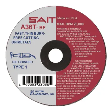 SAIT® 23040 Thin High Speed Cut-Off Wheel, 3 in Dia x 1/16 in THK, 3/8 in Center Hole, A36T Grit, Aluminum Oxide Abrasive