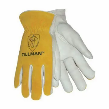 Tillman™ 1414L 1414 Standard Grade General Purpose Gloves, Driver, Keystone Thumb Style, Cotton/Split Cowhide Leather, Bourbon/Brown/Pearl, Slip-On Cuff, Unlined Lining