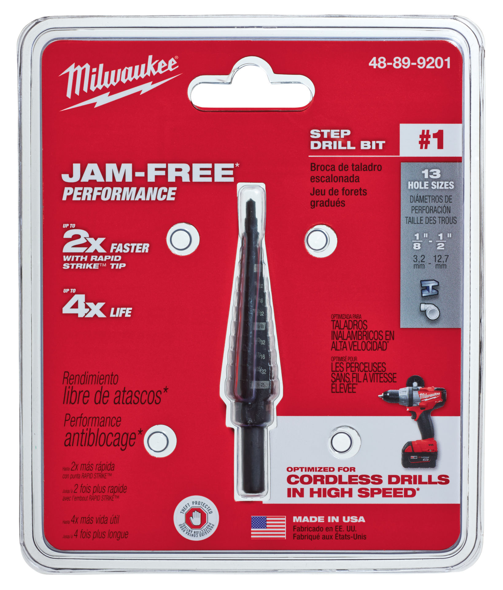 . Milwaukee® 48-89-9201 Step Drill Bit, 1/8 in Dia Min Hole, 1/2 in Dia ...