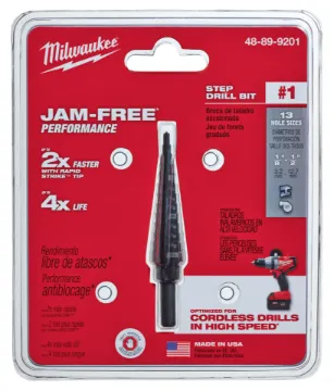 Milwaukee® 48-89-9201 Step Drill Bit, 1/8 in Dia Min Hole, 1/2 in Dia Max Hole, 13 Steps, HSS, 13 Hole Sizes, 1/4 in Shank