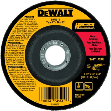 DeWALT® High Performance™ Guaranteed Tough® DW4514 Flat Depressed Center Grinding Wheel, 4-1/2 in Dia x 1/4 in THK, 7/8 in Center Hole, 24 Grit, Aluminum Oxide Abrasive