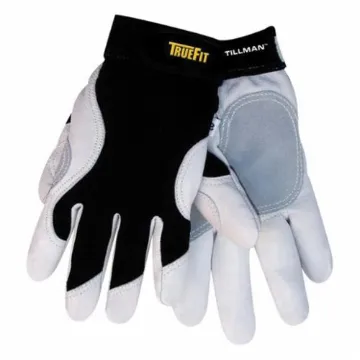 Tillman™ 1470L 1470 Premium Grade General Purpose Gloves, Mechanic, Reinforced Thumb Style, Grain Goatskin Leather Palm, Nylon/Spandex®, Black/White, Elastic Wrist Cuff, Uncoated Coating, Resists: Abrasion and Cut, Kevlar® Lining