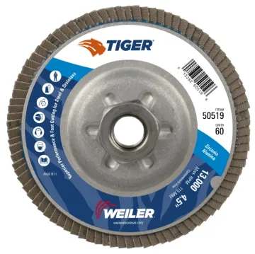Tiger® 50519 Long Life Standard Density Abrasive Flap Disc, 4-1/2 in Dia Disc, 60 Grit, Coarse Grade, Zirconia Alumina Abrasive, Type 29/Conical Disc