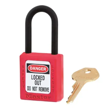 Master Lock® 406KARED Dielectric Safety Padlock, Alike Key, Red, Thermoplastic Body, 1/4 in Dia 25/32 in W Plastic Shackle, Non-Conductive Conductivity