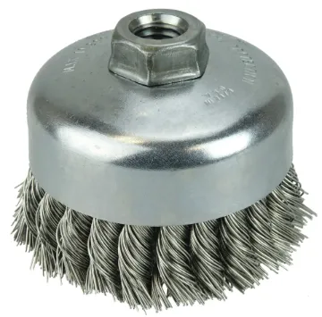 Weiler® 12406 Single Row Cup Brush, 4 in Dia Brush, 5/8-11 Arbor Hole, 0.014 in Dia Filament/Wire, Standard/Twist Knot, Stainless Steel Fill